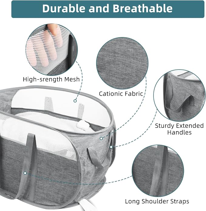 2 Pcs Collapsible Laundry Baskets, Tear Proof Pop Up Hamper With Dual Handles, Durable Foldable Basket, Easy to Carry for Home, Room, Bedroom, Dorm, Travel - Gray
