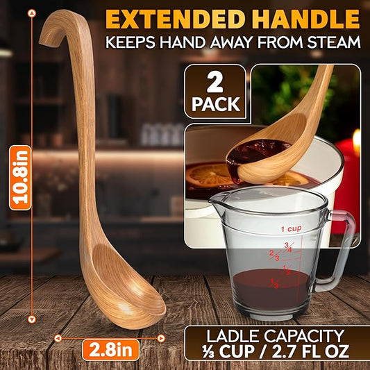 2 Pcs Wooden Ladle for Soup – 10.8×2.8" Bamboo Soup Ladle for Stews and Sauces with Deep 2.7 fl oz Capacity & Lacquer-Coated Finish – Wooden Cooking Spoons with Hook Handles for Kitchen & Catering