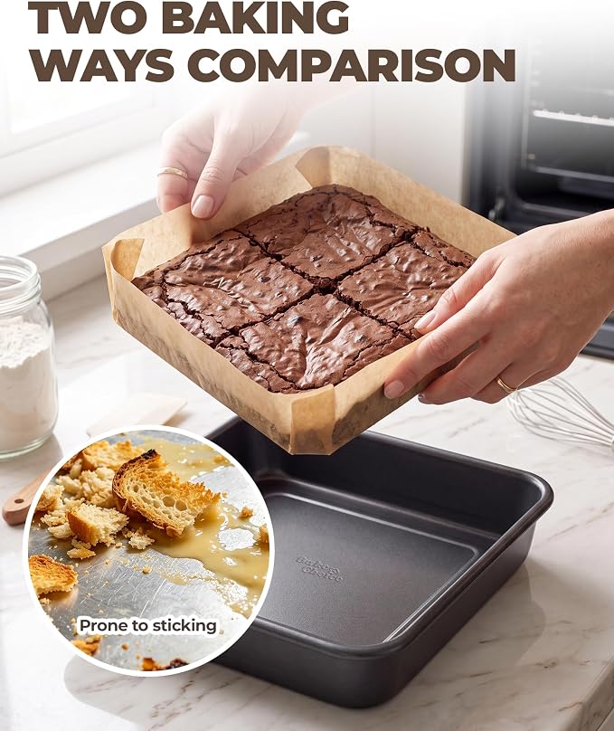 Bake Choice 8 x 8 Inch Square Brownie Cake Pan With 30 Pre-Cut Parchment Liners, Carbon Steel Non-Stick Baking Pan for Baking Toast Cakes Banana Breads, Homemade Dessert Bakeware