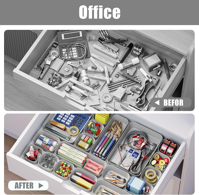 Drawer Organizers Bins 10 PCS for Bathroom Makeup Desk Office | with Non-slip Pads, 3 Sizes, Plastic Tray, Vanity Organizer, Kitchen Utensils Organizer