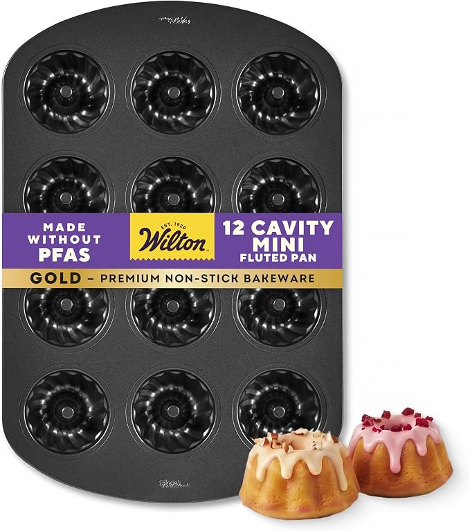 Wilton Gold Non-Stick Bakeware Mini Fluted Pan - Baking Pan for Mini Bundt Cakes, Donuts & More - Made Without PFAS & Scratch Resistant - Offers Even Heat Distribution - 16.5 x 11 Inch, 12 Cavity