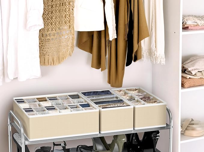 Simple Houseware 4-Pack Drawer Organizer Set for Underwear/Socks/Bra, Beige | Closet Dividers for Underwear, Socks, Bras, Scarves, Ties - Foldable Non-Woven Storage Boxes