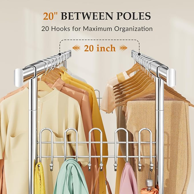 Gewudraw Clothes Rack Heavy Duty Load 1060 LBS With 4" Wheels,Commercial | Double Rod Rolling Clothing Rack,Extendable,Basket,Shelf, Hooks,Garment Rack for Bedroom, Laundry Room & Retail Store,Silver