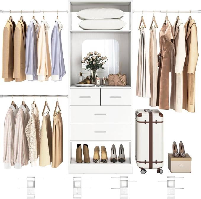 Unikito 48" W - 96” W Closet Organizer, 8FT Walk in Closet Systems Starter Kit with 25” Tower and 3 Extendable Hanging Rods, Sturdy Wood Garment Rack with 4 Drawers and Mirror, Max Load 1000 LBS White