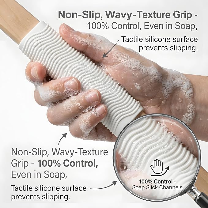 Long Handle Back Scrubber for Shower - About 16.5" Bath Brush with Non-Slip Grip - Body Loofah for Deep Exfoliation, Skin Polishing & Limited Mobility