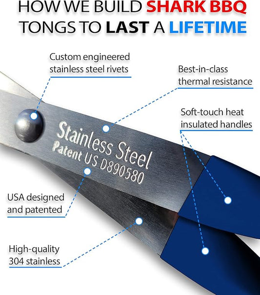 Shark BBQ Grill Tongs for Steaks - 2-Pack 17" & 13" Professional Kitchen and Outdoor Grilling Utensil Set (Blue)