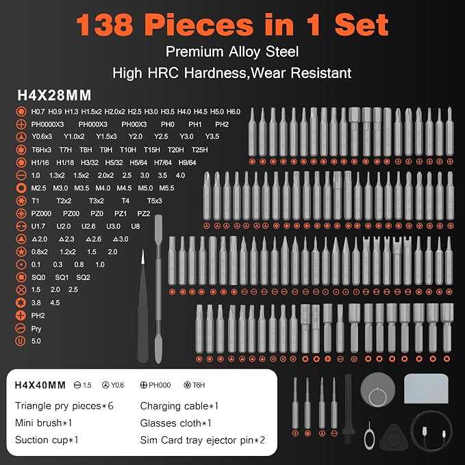 138-IN-1 Electric Screwdriver Set Cordless with 120 Precision Bits, Gray | Rechargeable Screw Driver with LED Light Magnetic Storage Home Repair Tool Kit for Electronics, Camera, Watch, PC RC