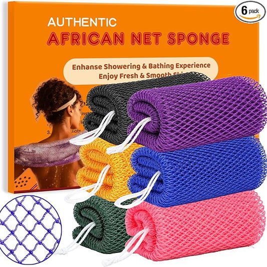 African Net Sponge Authentic Exfoliating Washcloth Body Back Scrubber 6 Pcs | 46 Inch Shower Loofah Exfoliating Bath Sponge for Women and Men Daily Use Body Care Travel Portable Accessories Spa Gifts