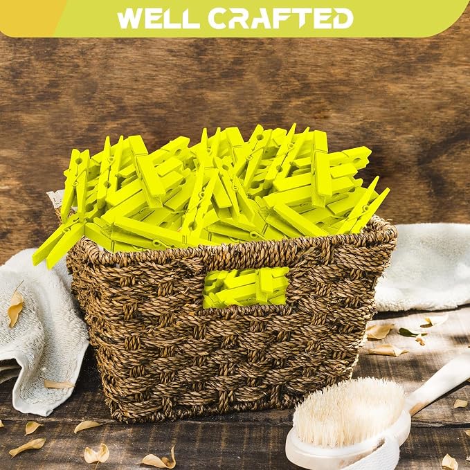 100 Pcs Yellow Clothes pins - 2.9 Inch Wooden Clothespins Cheer Clips | Vibrant for Crafts Classroom Decorations Clothing Pictures Laundry Solid Wood No Splinters Fade‑Proof