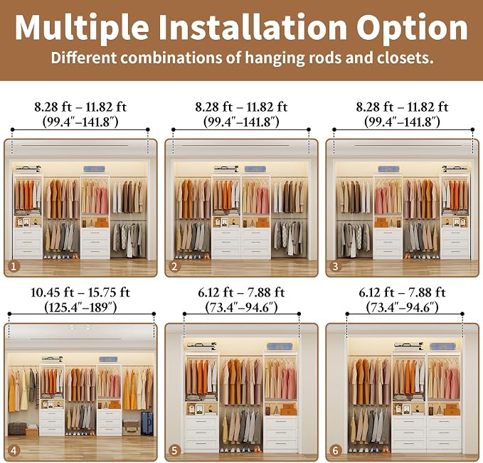 Closet System with 6 Drawers, 4FT-15FT 2-Piece Closet System, Walk in Closet Organizer System, Modular Closet System with 10 Adjustable Hanging Rods & Shelves, Closet Storage System for Bedroom, White