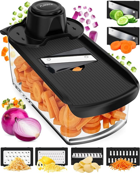 Fullstar Mandoline Slicer for Kitchen, Fruit Cutter, Cheese Grater, Cucumber Slicer, Veggie Spiralizer, Food Cutter & Kitchen Gadgets & Gifts with Safety Glove (6 in 1, Black)