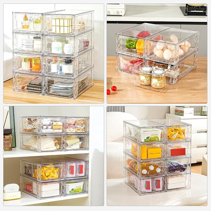 Clemate 8Pack Stackable Kitchen Storage Organizer,Pantry Organizers and Storage, Foods Organizer Bins, Fits Kitchen, Pantry, Cabinet, Closet, All Purpose Portable Household Containers
