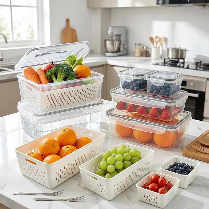 KUK 5 Pack Fruit Storage Containers for Fridge, Leakproof Food Containers with Removable Colander, Berry Containers for Fridge BPA Free Produce Saver Keep Vegetables Berry Meat Fresh Longer (5)
