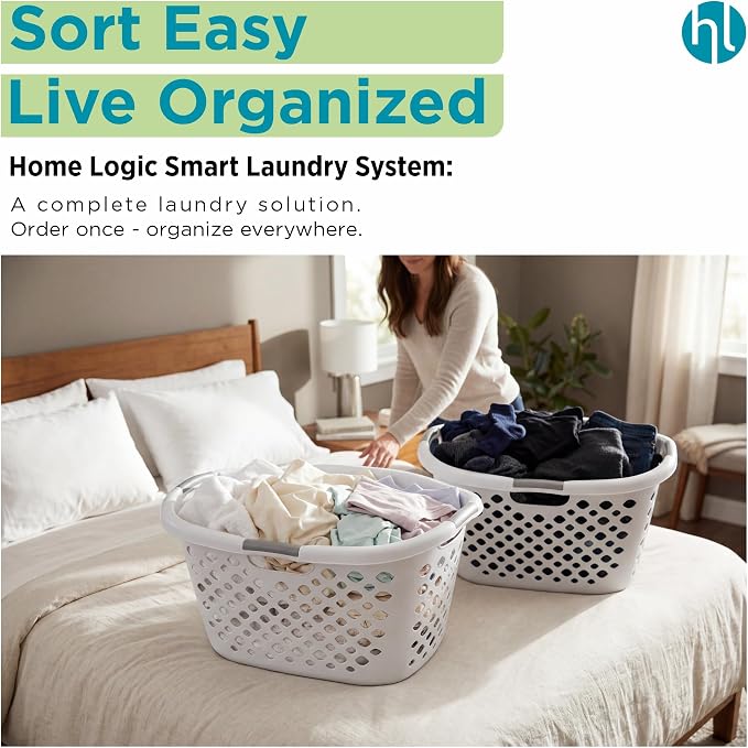 Home Logic 1.75 Bushel Plastic Laundry Basket with Hip Grip, Large Laundry Hamper with Handles, Ventilated Clothes Organizer for Bedroom Bathroom Closet, 4 Pack, White
