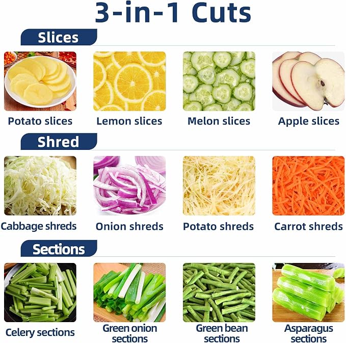 Electric Vegetable Chopper & Slicer, Multi-Functional Vegetable Processor Slices, Shreds, Sections, Easy Clean Automatic Shredder for Commercial & Home Kitchen, Salad, Meal Prep