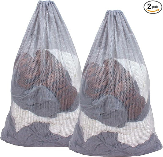 2 Pack Mesh Laundry Bags, 24 x 36 Inches Heavy Duty Drawstring Bag, Factories, College, Dorm, Travel and Apartment Dwellers, Grey