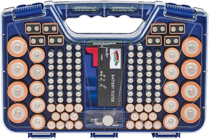 Battery Daddy Storage & Organizer Case with Tester, Stores & Protects Up to 180 Batteries, Double-Sided, Clear Locking Lid, Secure Latches & Portable Carrying Handle - Blue (Batteries Not Included)