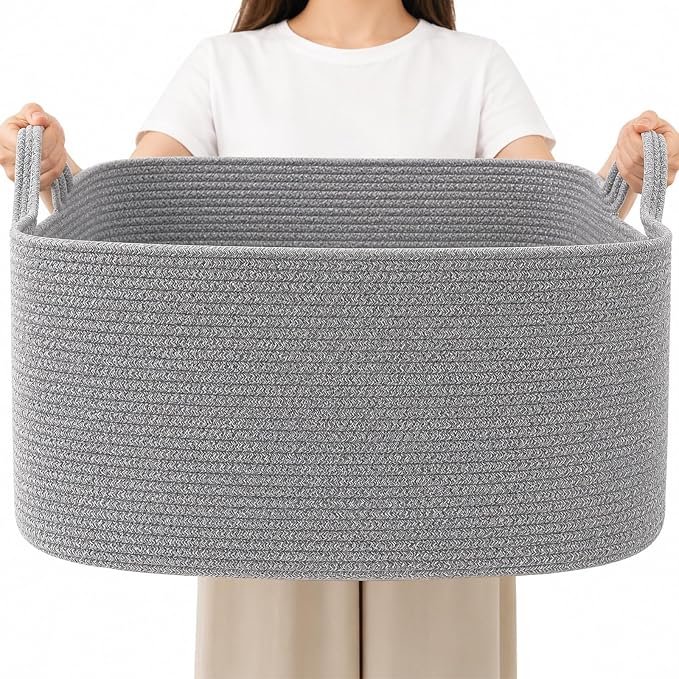 65L Large Laundry Basket with Handles, Woven Blanket Basket, Grey | 21"×16"×12" Collapsible Cotton Rope Storage Basket for Toys Clothes & Pillows, Nursery, Bathroom, Bedroom, Living Room