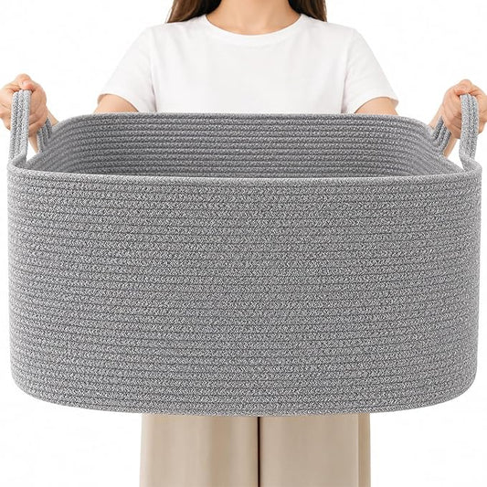 65L Large Laundry Basket with Handles, Woven Blanket Basket, Grey | 21"×16"×12" Collapsible Cotton Rope Storage Basket for Toys Clothes & Pillows, Nursery, Bathroom, Bedroom, Living Room