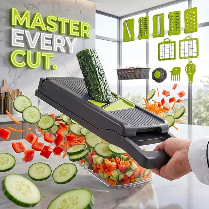 15 in-1 Vegetable Chopper with Container – Mandoline Slicer, Onion Dicer, Food Chopper, Cheese Grater– Multi Blade Kitchen Cutter for Fruits & Vegetables