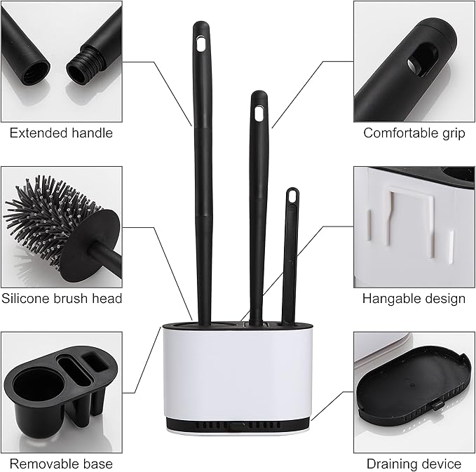 Toilet Brush and Holder Set for Bathroom,Flexible Toilet Bowl Brush with Silicone Bristles,Ventilation Slots Base (Matte Black)
