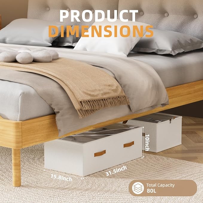 FHSQX 4 Pack Under Bed Storage Bins- 10 Inch Tall Underbed Clothes Storage Containers with Clear Window for Closet, Bed Sheets and Blankets (White, 31.5x15.8x10 inch)
