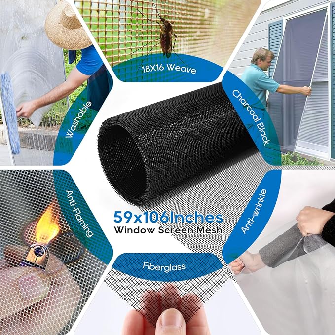 King&Charles Window Screen Replacement, 6in1 Window Screen Door Repair Kit | 59"x106" Black Screen Mesh, Steel/Nylon Bearing Roller, 0.14in x 50ft Spline, 8 Clips & Hook for Windows, Doors, Patio & RV