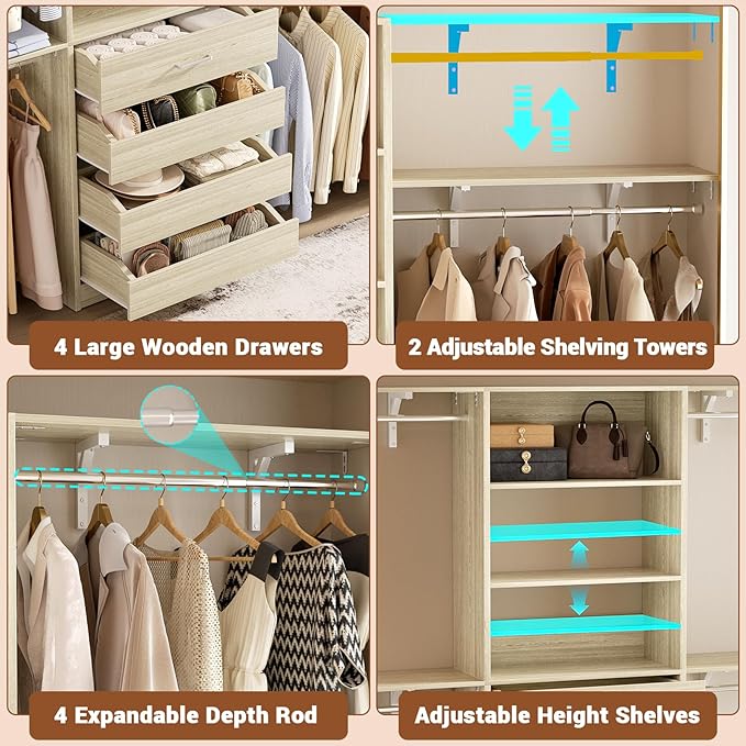 Aheaplus Closet System with 4 Drawers, 8FT Wood Closet Organizer System, 96’’ Closet Built In System Tower with Shelves, Walk-in Closet Wardrobe Clothes Garment Rack, Fits Spaces 4-9 ft, White Oak