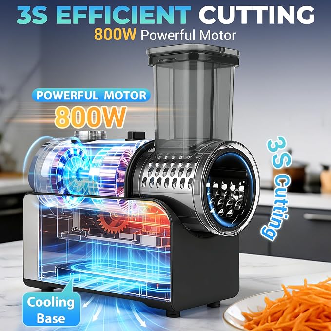6-IN-1 Electric Cheese Grater Stainless Steel 800W, [3S Efficient Cutting], Heavy Duty Electric Cheese Grater for Block Cheese, Parmesan, Vegetable, Ice Shave（Silver）