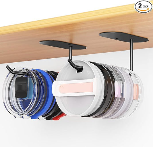 2 Pack Tumbler Lid Organizer, Space Saving Cup Lid Organizer | Yeti/Stanley/Simple Modern Lids Organizer, Self-Adhesive or Drilling Tumbler Lid Hook for Kitchen Organizers and Storage