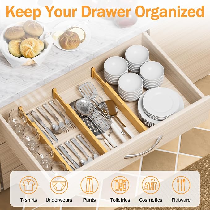 Bamboo Drawer Dividers Organizers, 2.56" High, 17"-21.8" Adjustable, 4 Pack | Expandable Separators, Great for Utensils, Kitchen, Bedroom, Dresser and Office Storage