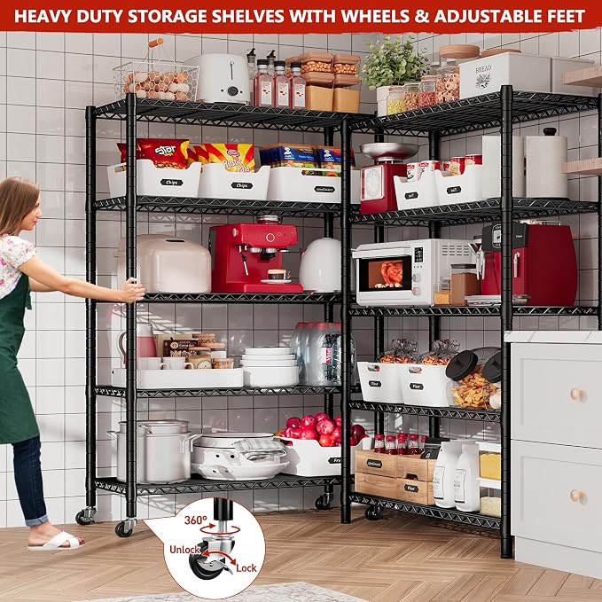 REIBII Storage Shelves Load 1980LBS,5 Tier Metal Shelving Unit with Wheels,Adjustable Wire Shelving Metal Storage Shelves Commercial Shelf for Garage Pantry Kitchen,76''HX36''WX16''D Black