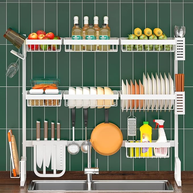 PUSDON Over Sink Dish Drying Rack Stainless Steel, Adjustable Large Dish Drainer for Storage Kitchen Organization White 3 Tier - Standard(34"-46")