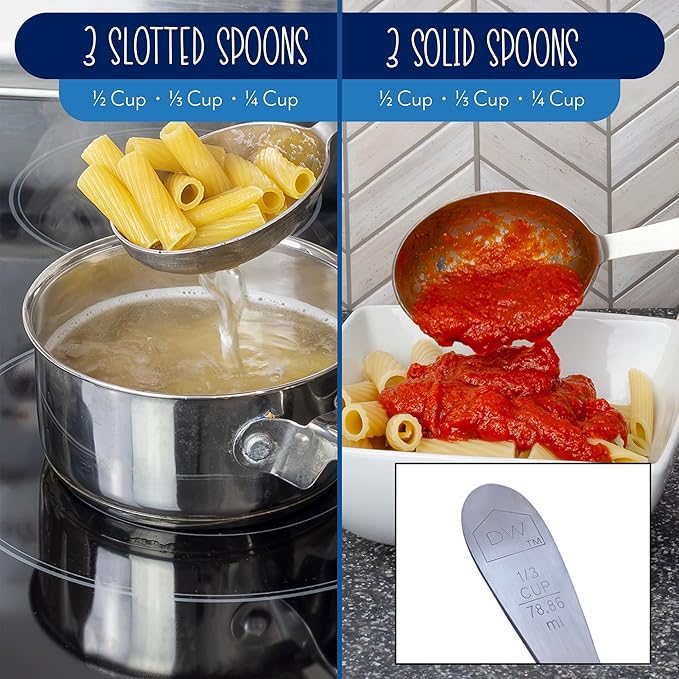 Darware Portion Control Serving Spoons Set (6pc) – Stainless Steel 1/4, 1/3, 1/2 Cup Sizes – Solid & Slotted Kitchen Utensils for Meal Prep, Cooking & Healthy Eating
