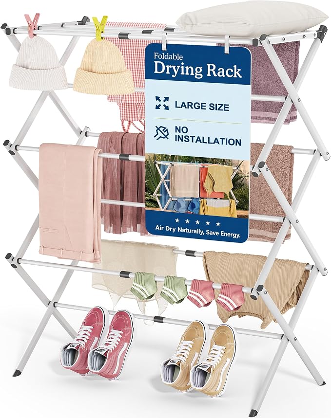 APEXCHASER Oversize 3-Tier Clothes Drying Rack, No Install, White | Expandable Design, Non-slip feet, Tool-free Setup, Rust Prevention, Sturdy Construction, 14.9" D x 29.3" W, Holds 24lbs