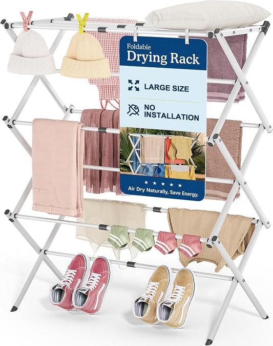 APEXCHASER Oversize 3-Tier Clothes Drying Rack, No Install, White | Expandable Design, Non-slip feet, Tool-free Setup, Rust Prevention, Sturdy Construction, 14.9" D x 29.3" W, Holds 24lbs