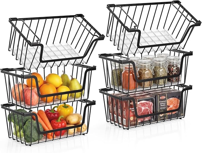 SUNALLY Stackable Storage Bins 6 Pcs Wire Baskets for Pantry Organizers and Storage, Vegetable Fruit Storage Basket for Countertop Organizer,Kitchen Storage Baskets for Onion Potato Snack,Black
