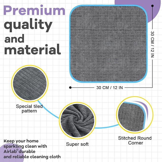 Airlab Glass Polishing Cloth Streak Free Miracle Cleaning Cloth Lint Free Microfiber Cleaning Rags for Glasses Kitchen Dish Mirrors Easy Clean, Pack of 6, 12" x 12", Grey-Light Blue