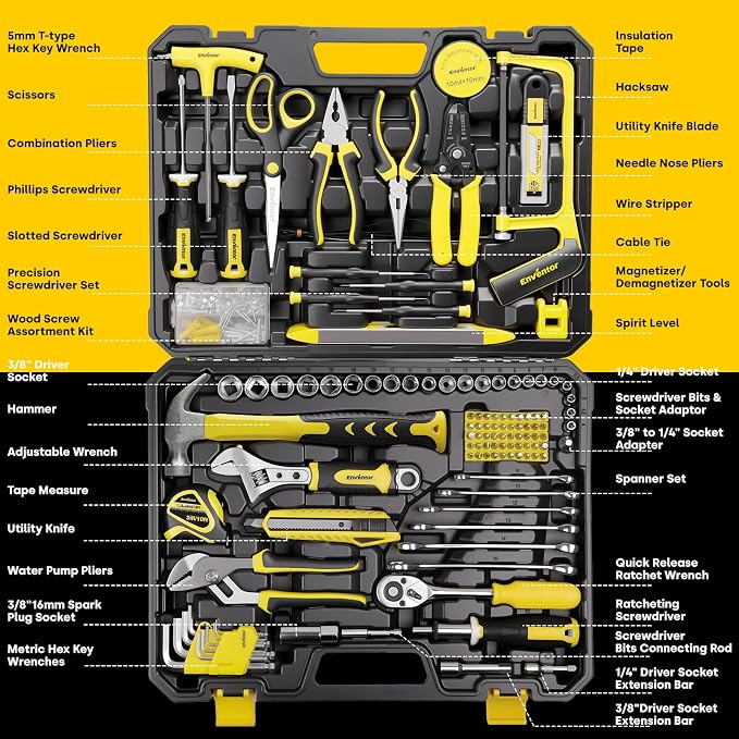 Enventor Tool Set with Molded Storage Case, 220 Pieces | 24-tooth Ratchet, Metric Sockets, Extension Bar and Adapter, for Home Repairs, DIY Projects and Auto Maintenance