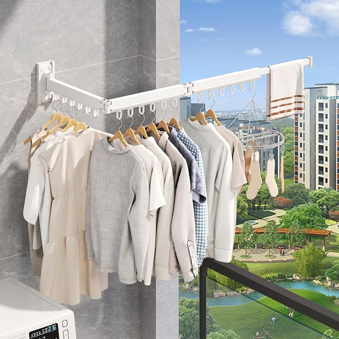 Wall Mounted Foldable Clothes Drying Rack, Heavy Duty 3-Fold Laundry Airer with Ring Hook Design, Space Saving Aluminum Rack for Balcony Bathroom Laundry Room,White Rings