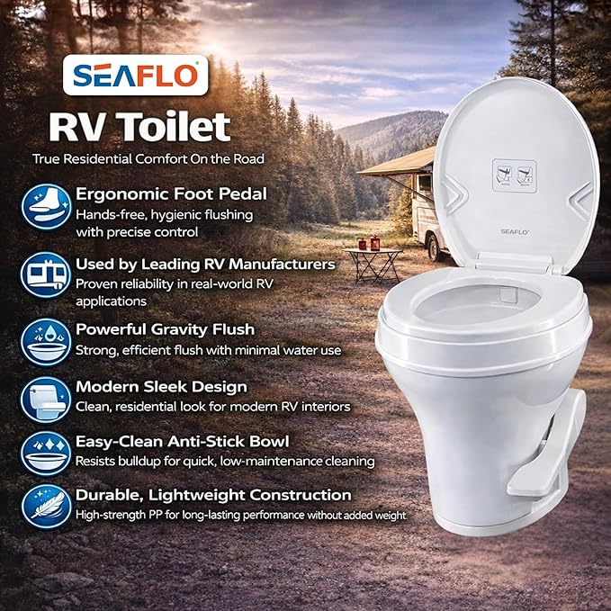 SEAFLO RV Toilet, Residential Height 18.4", Gravity Flush Foot Pedal, Soft Close Seat, Camper Toilet for RV Motorhome Travel Trailer, White, SFRTPH-01-01, 4-Year Warranty