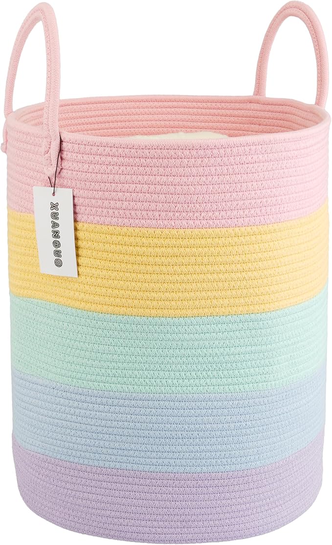 XUANGUO Rope Laundry Basket Hamper for Kids Girl, rainbow | Woven Storage Basket for Living Room Bedroom Boho Tall Baskets for Blanket Toys Pillow Towels Baby Nursery Hamper Bin