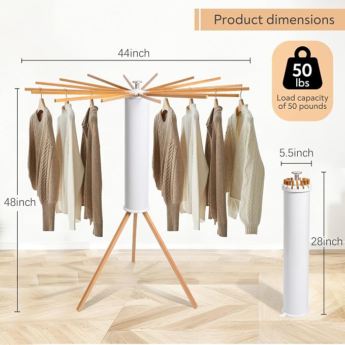 ZOFGENOW Clothes Drying Rack, Rotary Foldable Stand with 16 Arms, White | Stable Tripod Base, 50 lbs Heavy Duty, Collapsible Space Saving, indoor Laundry Room, Apartments, Balcony