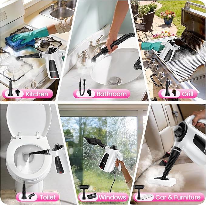 Steam Cleaner, Pressurized Handheld Multi-Surface Natural Steam Cleaner with 12pcs Accessory & Safety Lock, Portable Steamer for Cleaning Home, Kitchen, Bathroom, Car, Upholstery, Grout, Window