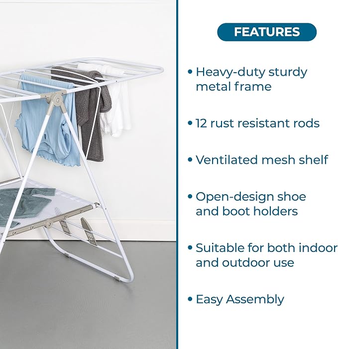 Honey-Can-Do Heavy-Duty Gullwing Clothes Drying Rack, 50 lb, White | Gullwing rack adds 46 ft of drying space with dedicated shoe bars. Sturdy metal, 50 lb capacity, folds flat.