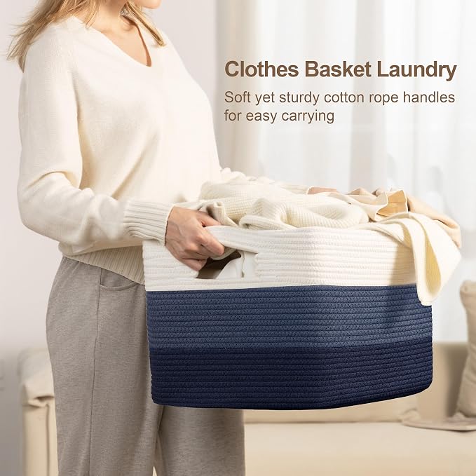 86L Large Woven Laundry Basket Hamper with Handles, Gradient Blue | collapsible wicker hamper, storage for dirty clothes, toys, blankets, gifts, living room, bedroom, bathroom, 24"x16"x14"