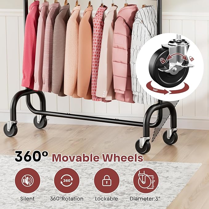 Heavy Duty Clothes Rack for Bedroom - Rolling Clothing Rack with 6-Level Adjustable Height - Lockable Wheels - Portable Garment Rack for Livingroom Laundry Closet - 600 lbs Capacity - Black