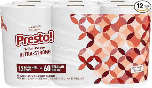 Amazon Brand - Presto! Ultra-Strong 2-Ply Toilet Paper, 12 Mega Rolls = 60 Regular Rolls, 308 Sheets Per Roll, Unscented
