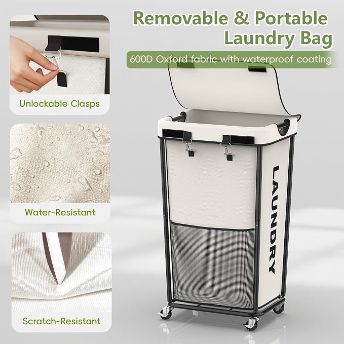 Laundry Hamper with Wheels and Lid, 110L Large Rolling Laundry Basket White | Heavy Duty Clothes Organizer, Sturdy Metal Frame, Lockable Swivel Casters, Removable Bag, For Bedroom, Bathroom, Laundry Room