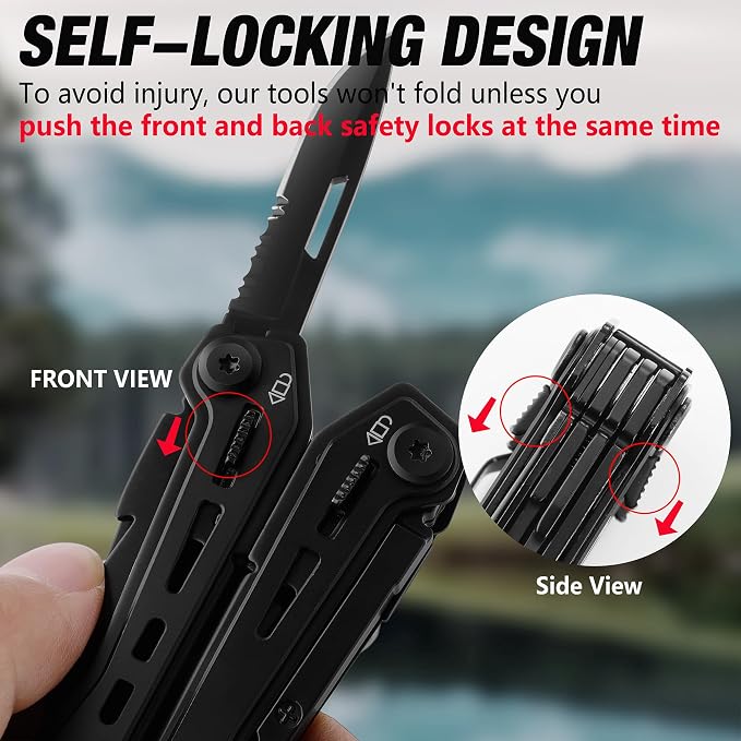 FLISSA 16-In-1 Multi Tool, EDC Multitool, Black | Gift for Men, Stainless Steel, Pocket Knife, Pliers, Belt Clip, Oxford Sheath, Safety Locking, For Camping, Outdoor